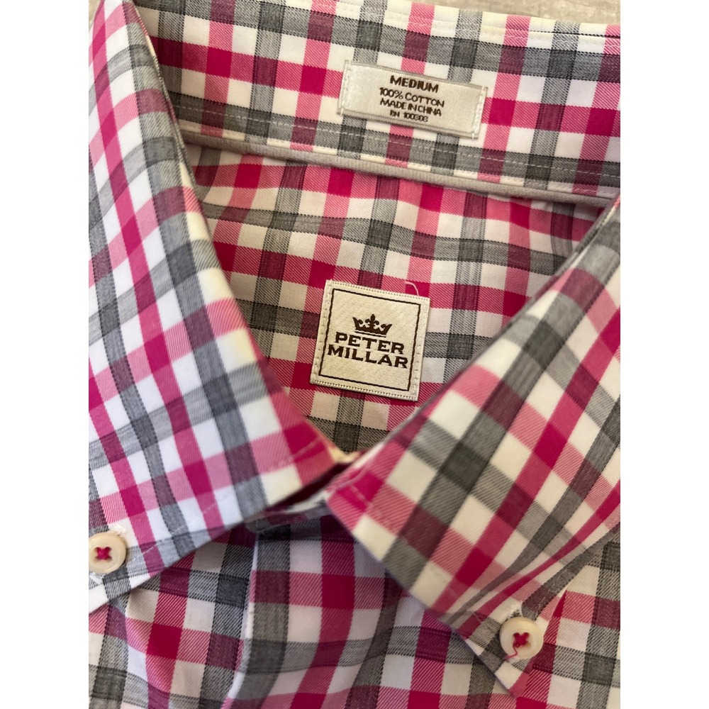 Peter Millar Mens Medium Gingham Button Down Shirt Pink Gray Long‎ Sleeve Cotton